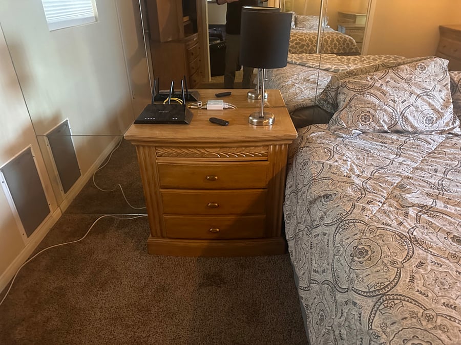 Doggie door and nightstand. 