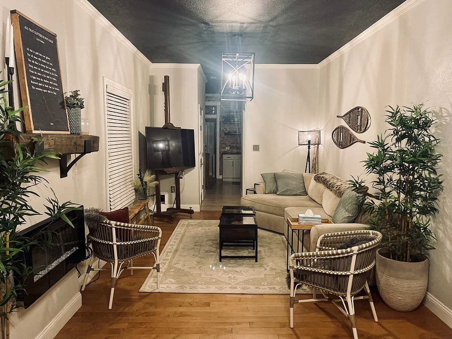 Living Room: Relax on the 3-4 person sectional and seat 2 more in the living room chairs. Turn on the electric fireplace to warm up while you watch local channels or stream your favorite shows on the 55" LG TV with the Amazon.