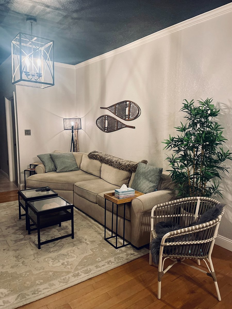 Living Room: Relax on the 3-4 person sectional and seat 2 more in the living room chairs. Turn on the electric fireplace to warm up while you watch local channels or stream your favorite shows on the 55" LG TV with the Amazon.