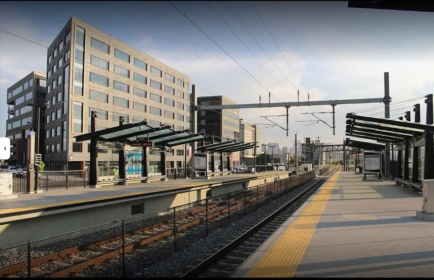 38th & Blake station (7 blocks away) is a commuter rail station ("Light Rail") on the A Line in the RiNo neighborhood. The station is the 1st station eastbound from Union Station and 6th westbound from Denver Int. Airport