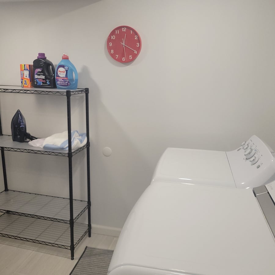 Laundry room with shelves for cleaning items.