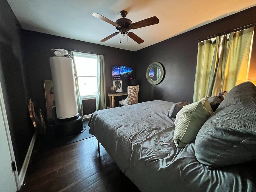 Your bedroom view 2. King size bed with option exercise equipment included.