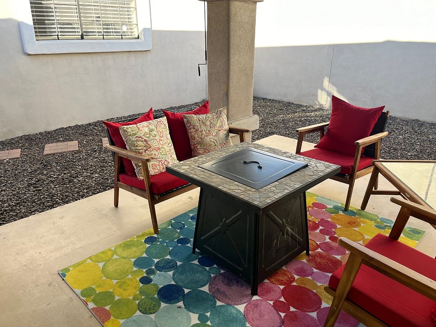 Patio with fireplace table