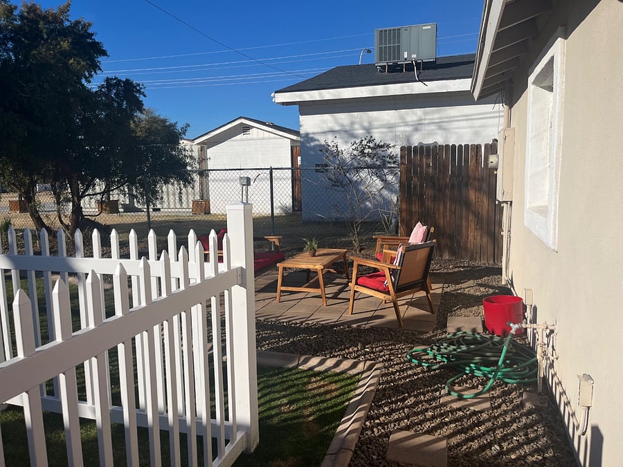 Separate private patio, full sized washer/dryer behind patio