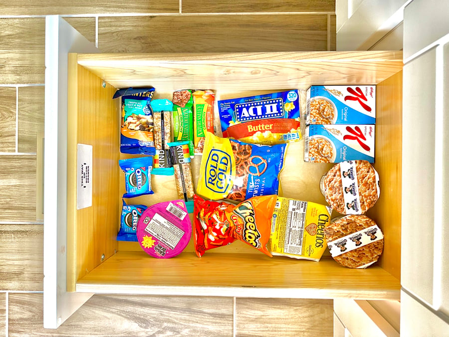 Drawer in kitchen with complimentary snacks provided