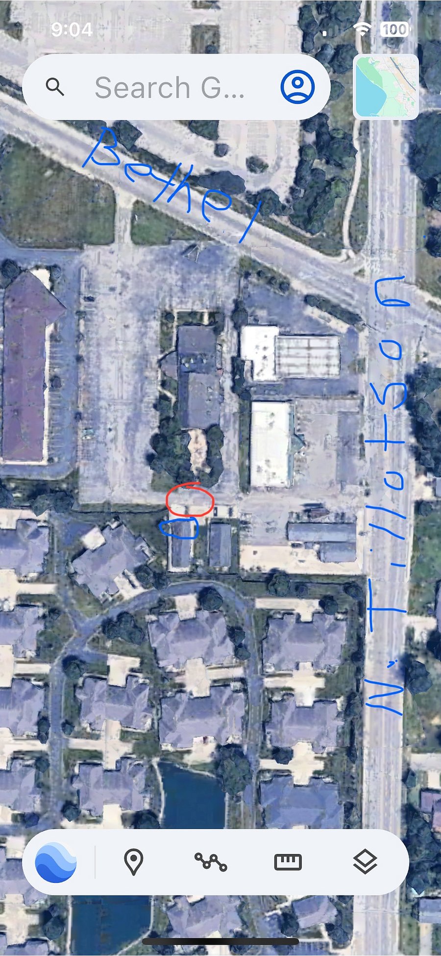Just to give you a reference of the location. N. Tillotson is to the East of the apartment and W. Bethel is to the North.
The red circle is your parking spots and the blue circle is the apartment that you will be in.