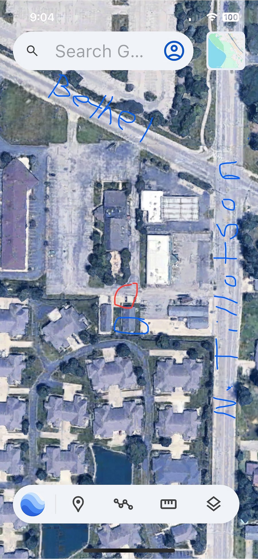 Just to give you a reference of the location. N. Tillotson is to the East of the apartment and W. Bethel is to the North.
The red circle is your parking spots and the blue circle is the apartment that you will be in.
