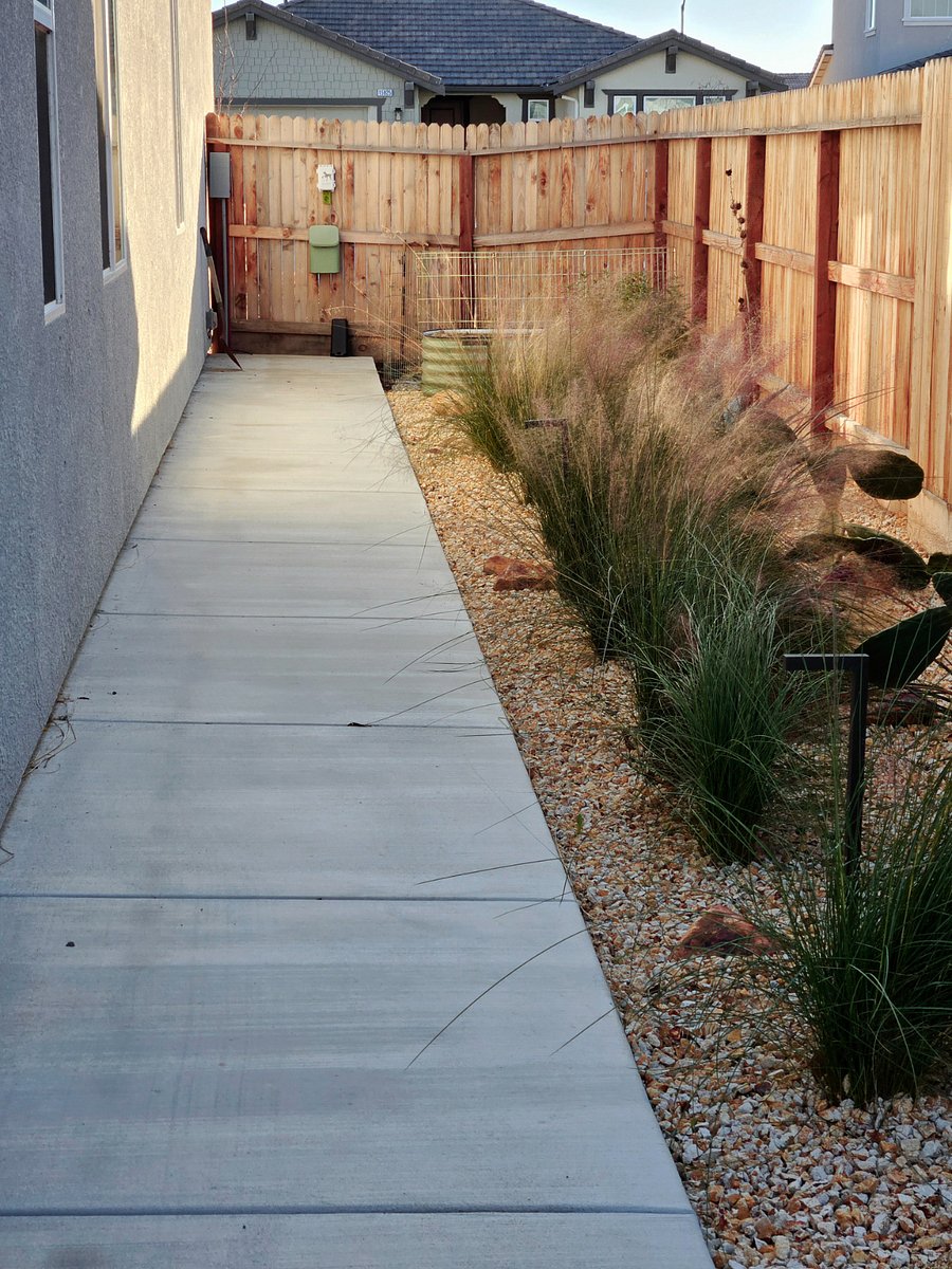 Dedicated potty area located at the end of the pathway way on the side of home for pets to comfortably use the bathroom on astroturf.