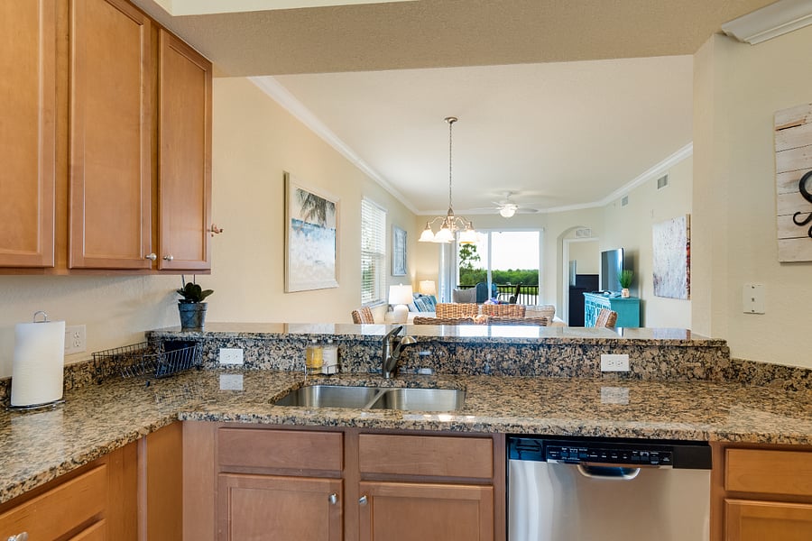 Kitchen sink and counter looking out towards the Lani.
