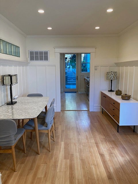 Dining room looking toward kitchen and back garden