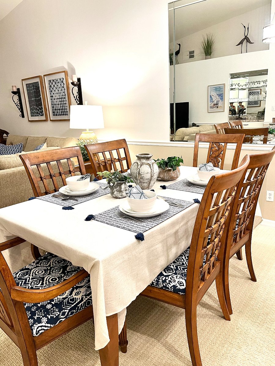 Dining table that seats six.  Center leaf can be removed to make the table smaller if desired.