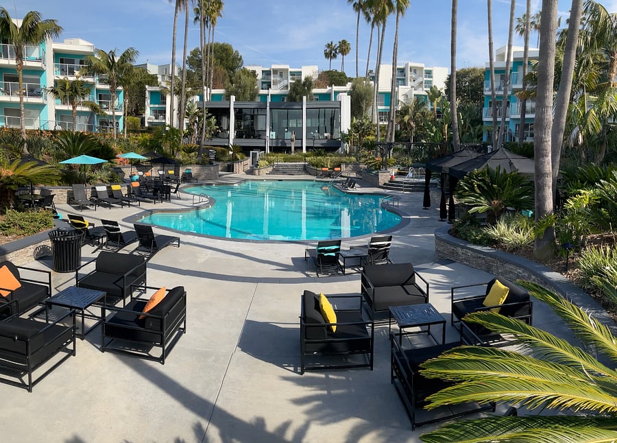 Pool area with cabanas