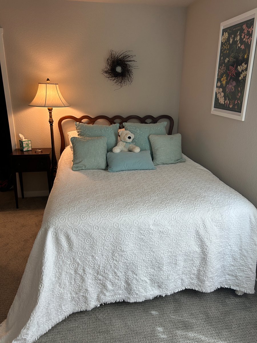 Guest room with queen bed, desk and closet.