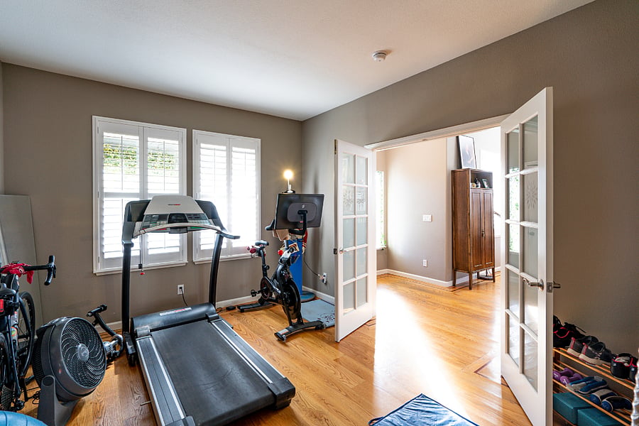 You have access to the home gym with Peloton, treadmill and yoga mats. I have two pair of Peloton shoes, one women's and one men's.