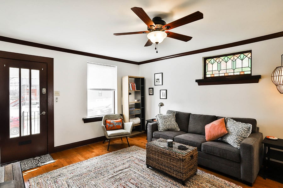 Living room with gleaming hardwood floors.