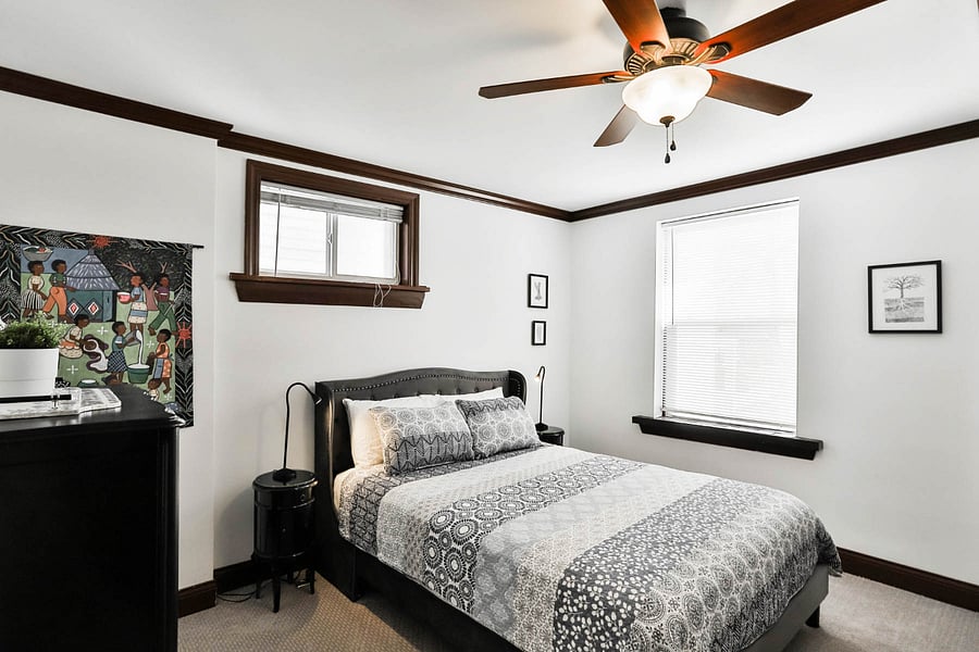 Bedroom with brand new queen bed, dresser, big closet, freshly carpeted.