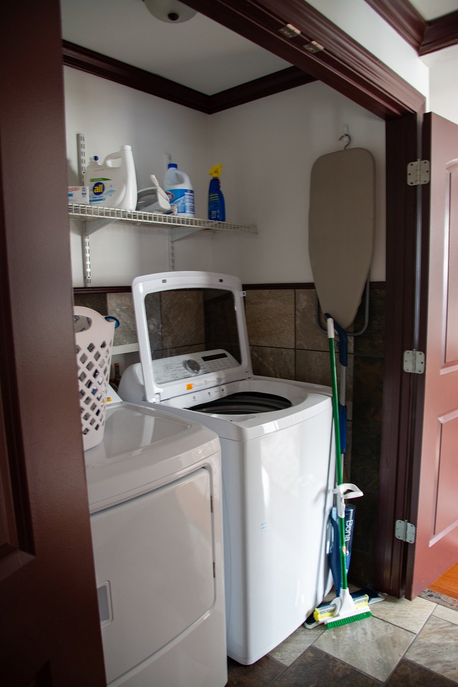 Brand new in unit washer/dryer, ironing board and iron, starter supplies.