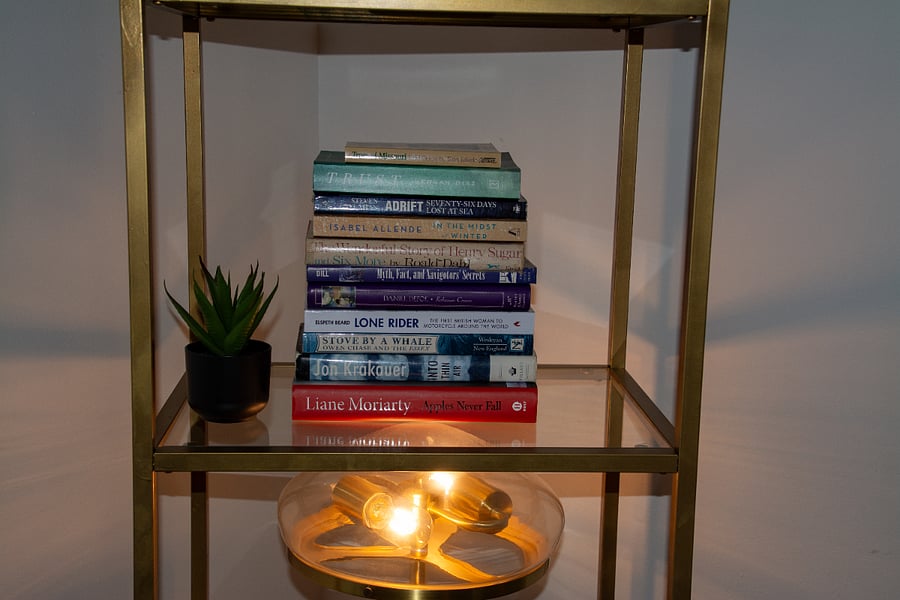 Nice lamp light throughout. Books.