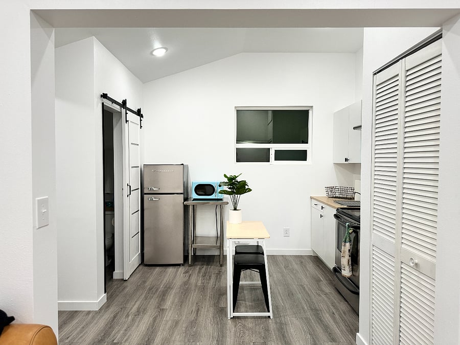 Kitchen in Nighttime. (View from Living Room)