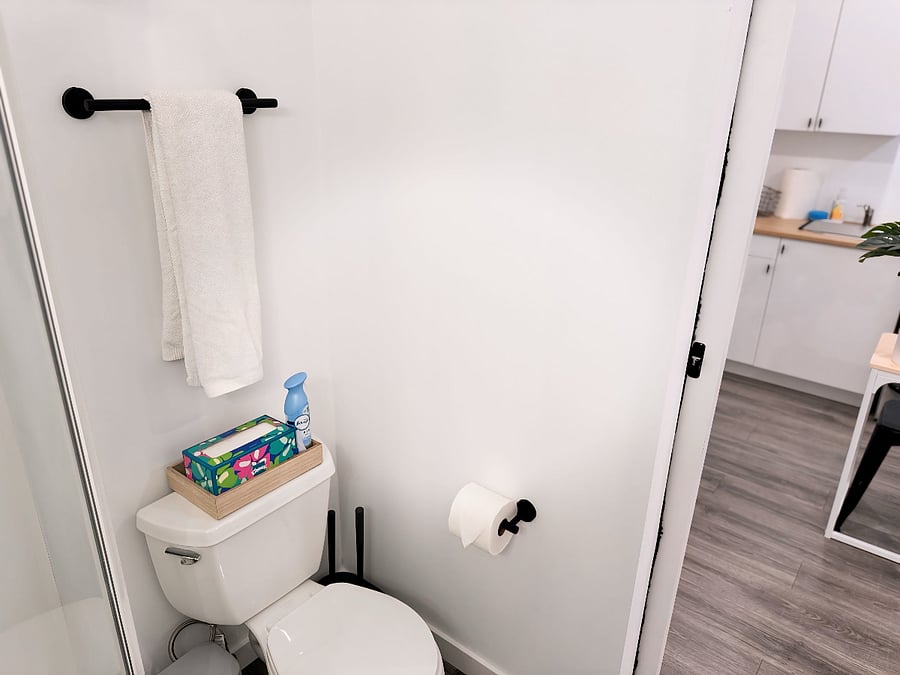Elongated toilet w/ essential bathroom linens