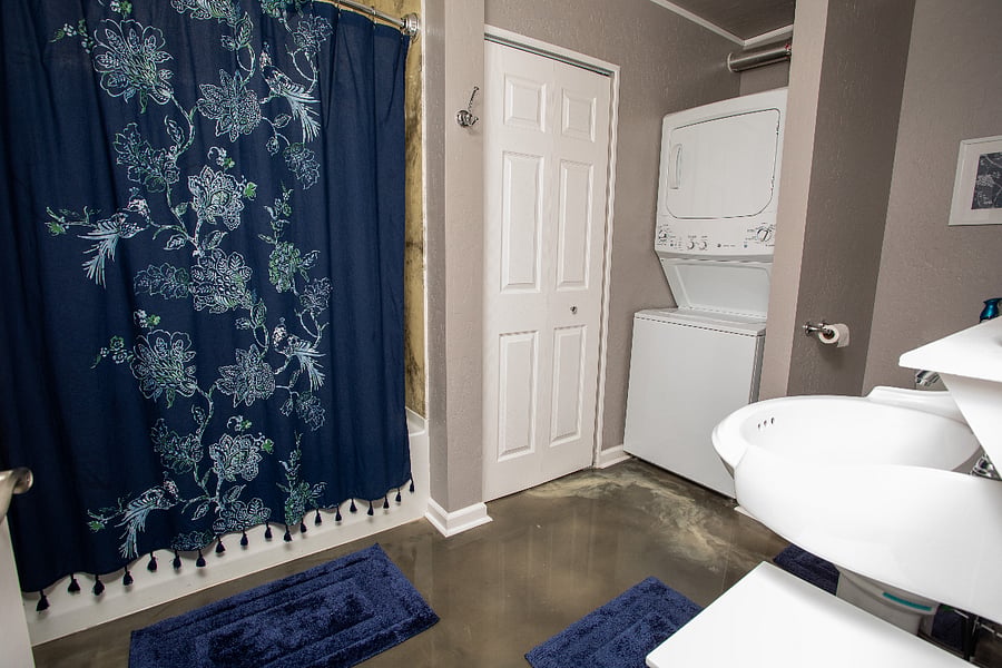 Blue Bath - full size tub/shower with apartment size washer/dryer