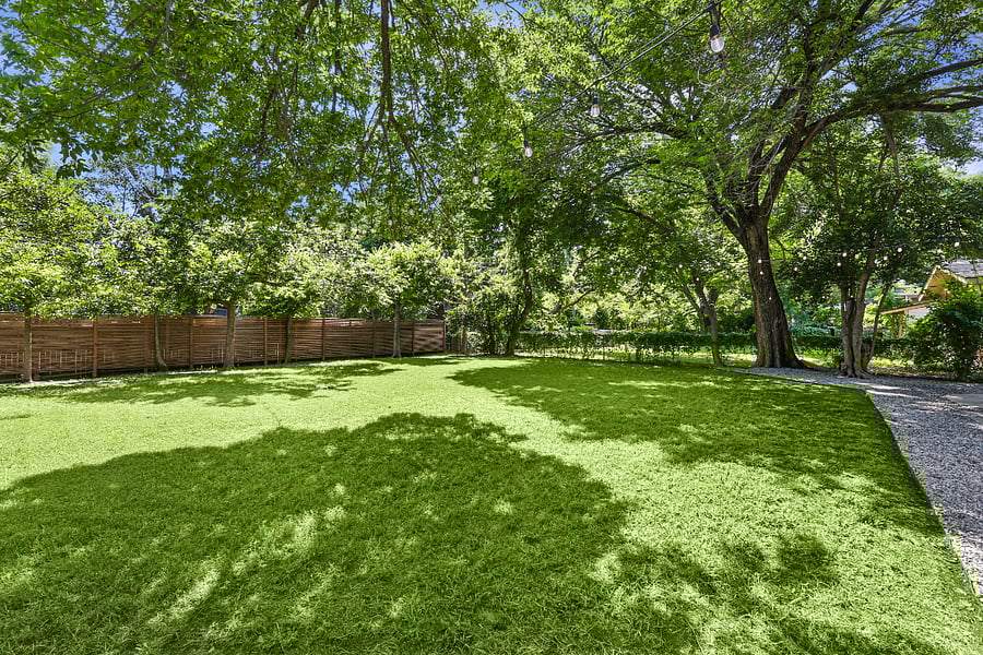 Huge backyard, with plenty of room for pets and activities! Relax on an outdoor sofa, surrounded by clean landscaping, stringed lights, and a canopy of trees!