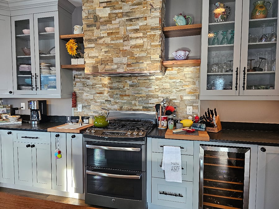 Another view of the upstairs kitchen available for your use. Stove and double oven is gas.