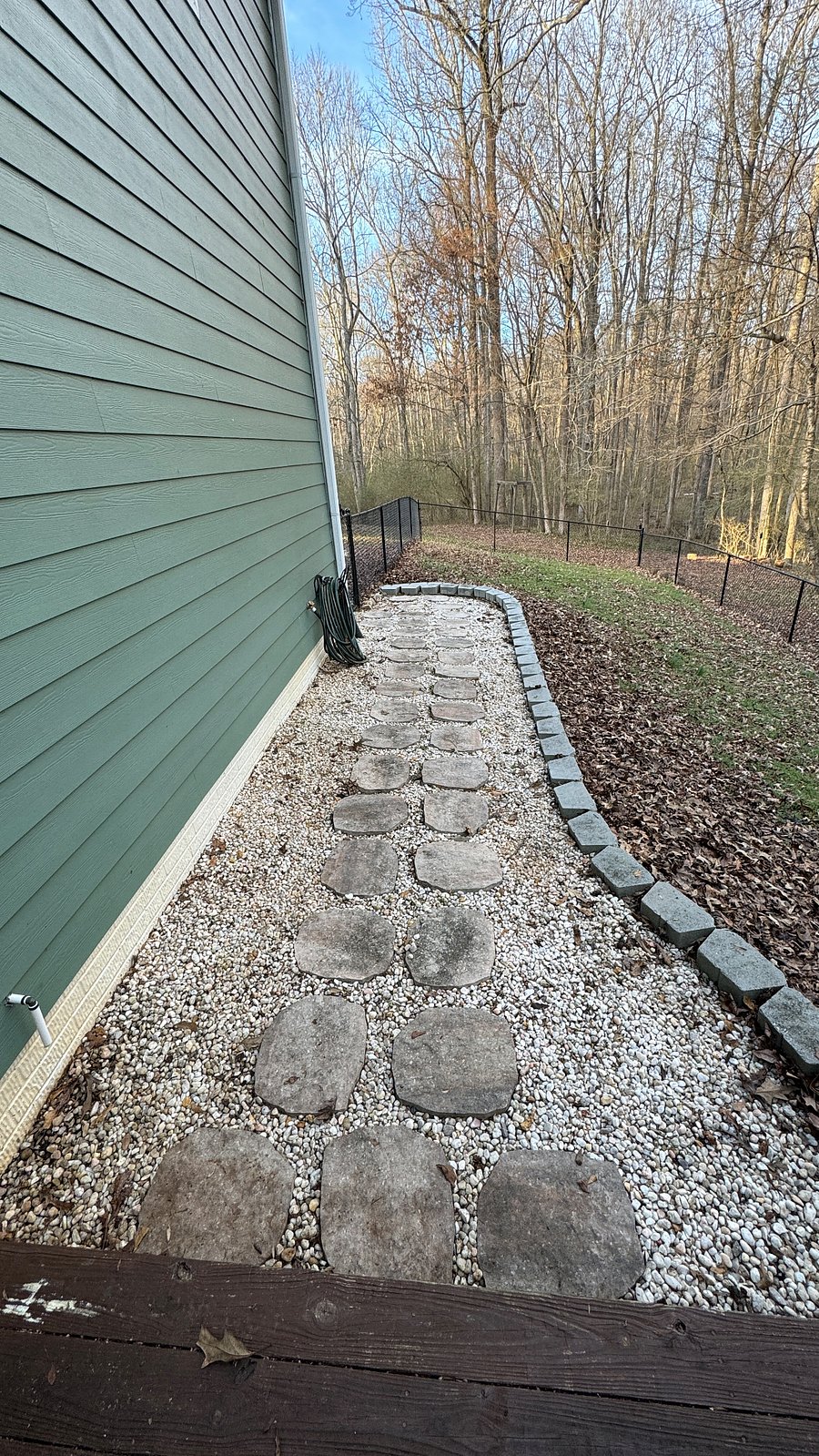 Pathway to private entrance and fenced backyard