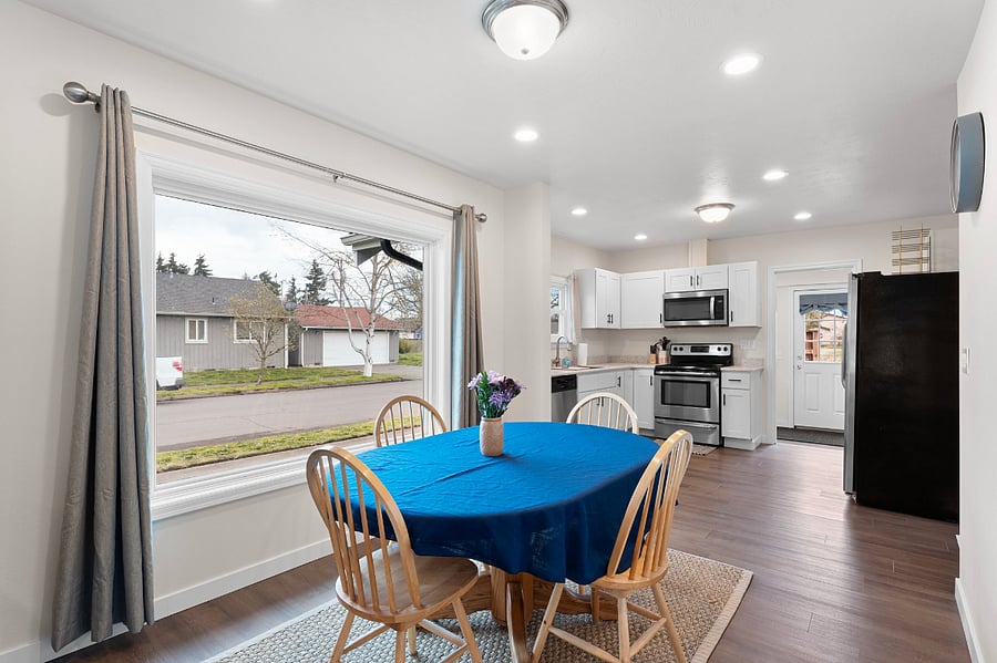 Open concept living room, dining room and kitchen