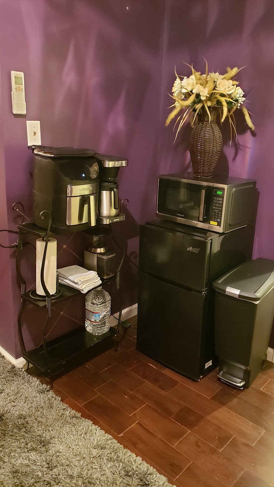 Air fryer, microwave and mini fridge; and a coffee maker with a grinder for the java aficionado.