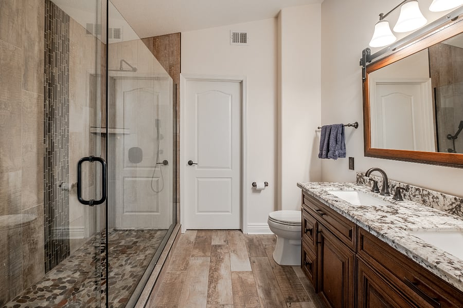 Spacious primary bathroom with large shower