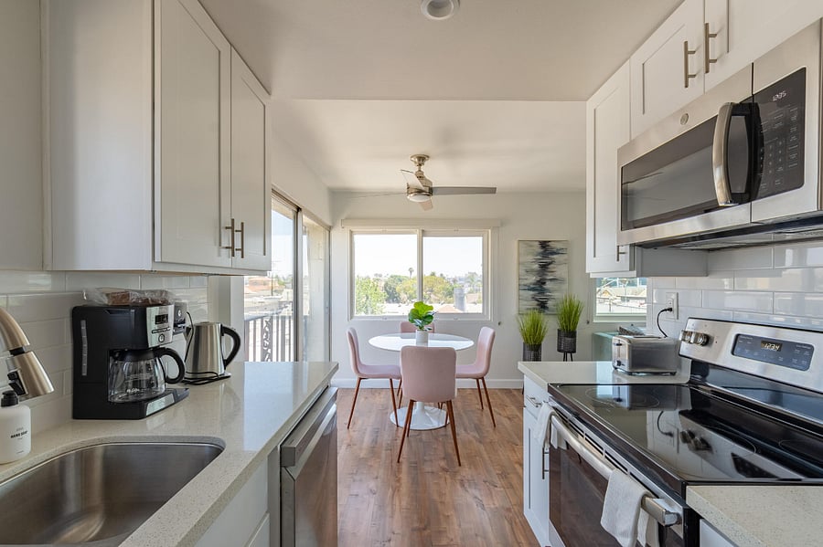 Coffee maker, dining table with a view, 