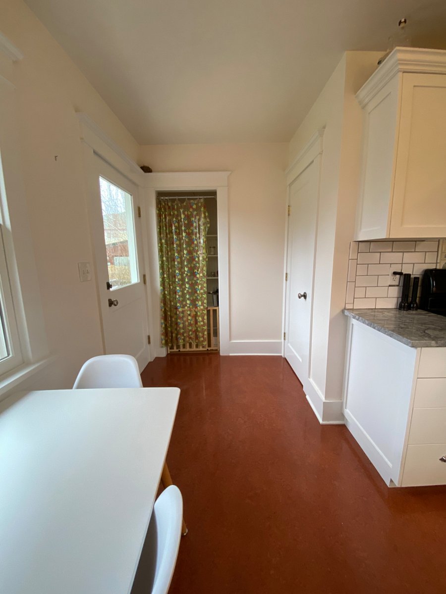 Back door to the deck, pantry and basement door to the laundry room.