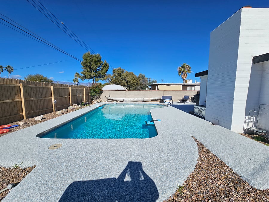 Long view of pool, new rubber overlay for safer cooler walking in Tucson summer heat! OUCH!
