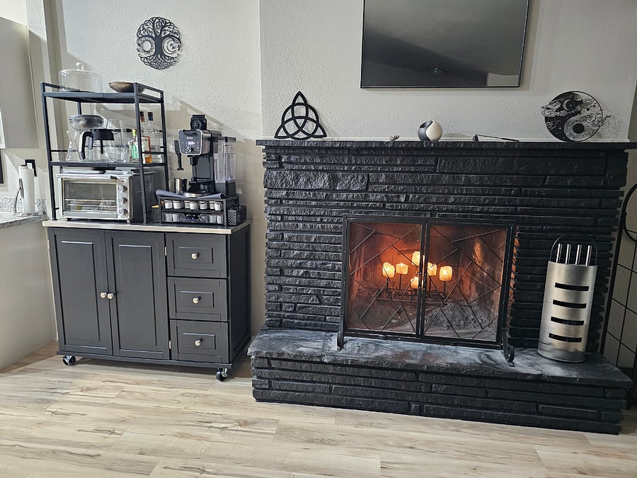 Front family TV room wood burning fireplace/bar/coffee bar/toaster/air fryer/oven
