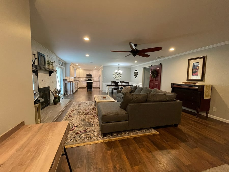 Open concept kitchen, living room and dining area.