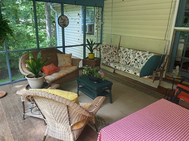 Shared screened back porch with swing, seating and dining options.