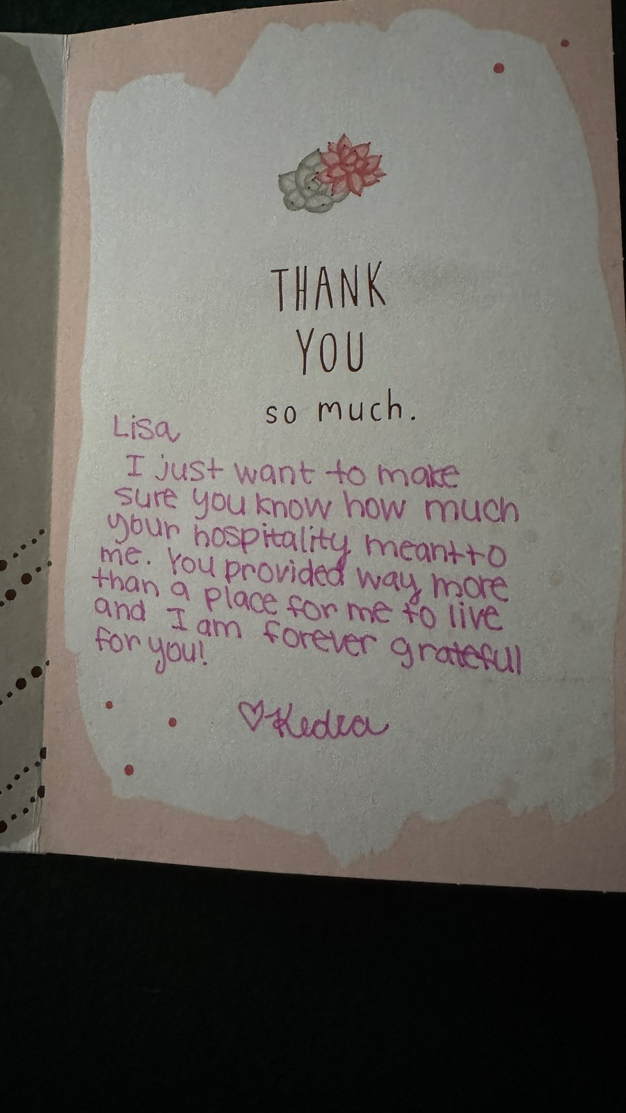 Thank you card from tenant on last day :-)