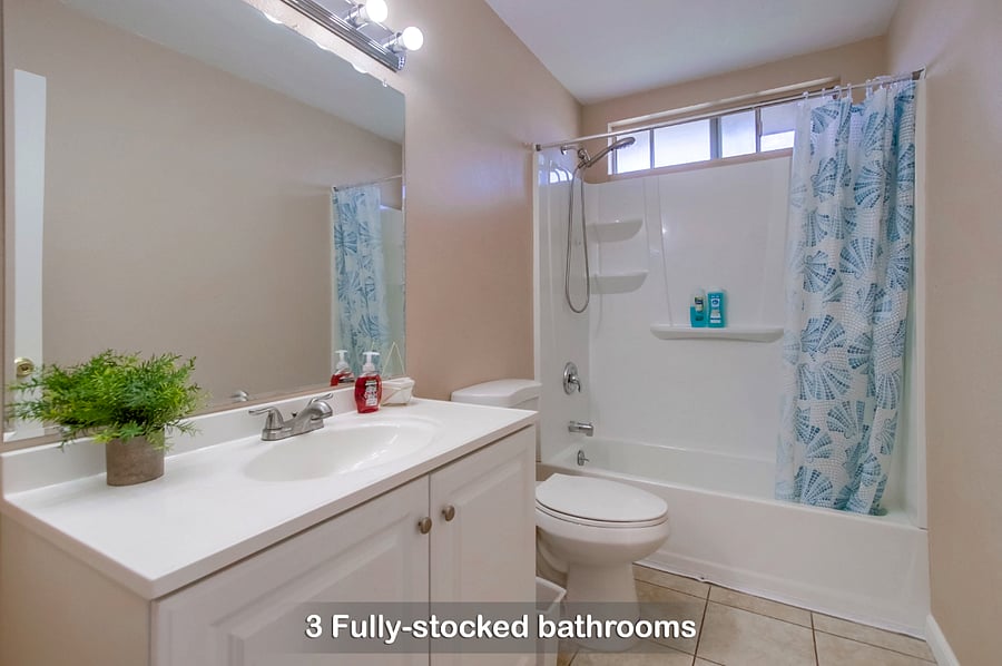 Our fully stocked bathrooms come with soap, shampoo, towels, & hair dryer