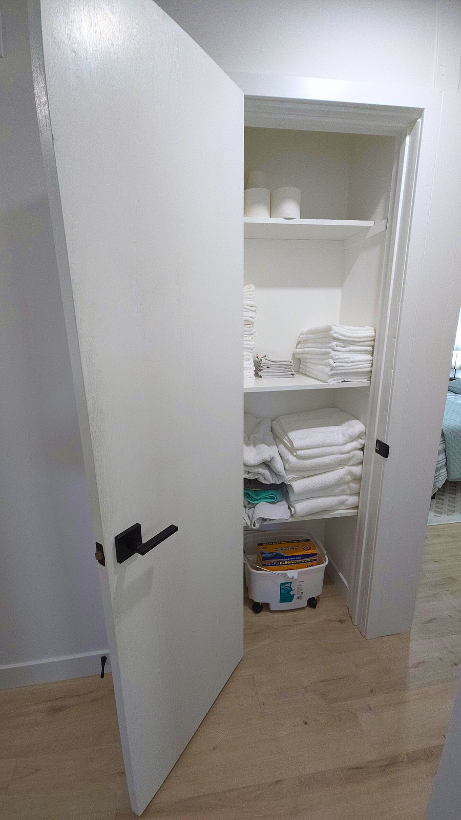 Linen closet with all the bath towels you'll need. Make up removing cloths, first aid kit, basic toiletries in case you forget anything