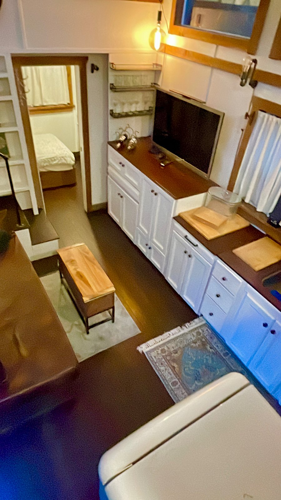 Looking down into the Tiny house from the loft ladder.