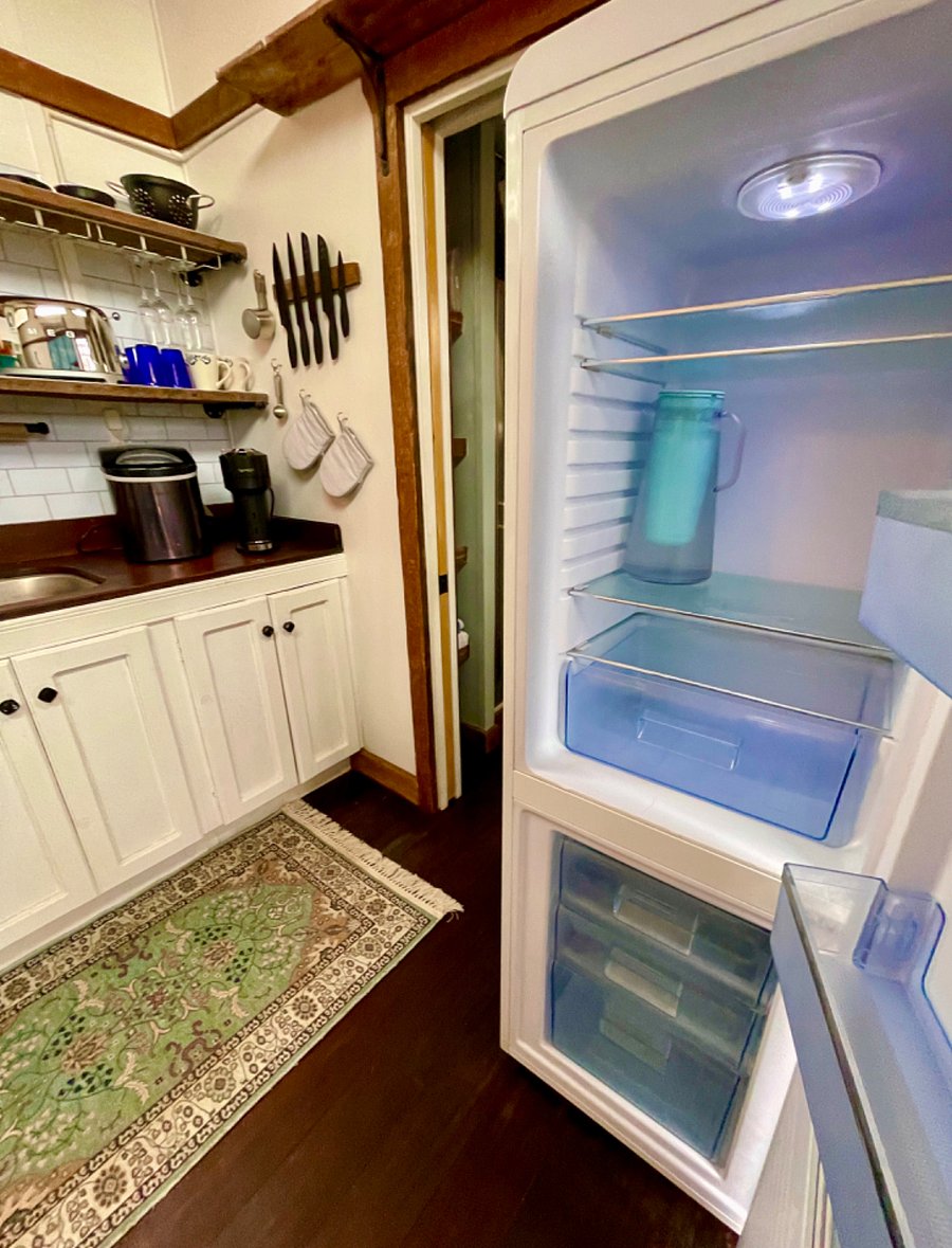 Retro refrigerator with bottom freezer, Life Straw water filtration pitcher.