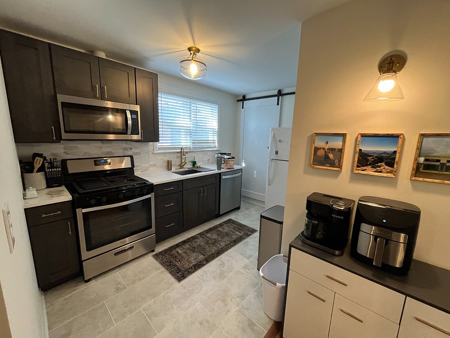 newly renovated kitchen, fully equipt with all the cooking supplies you need.