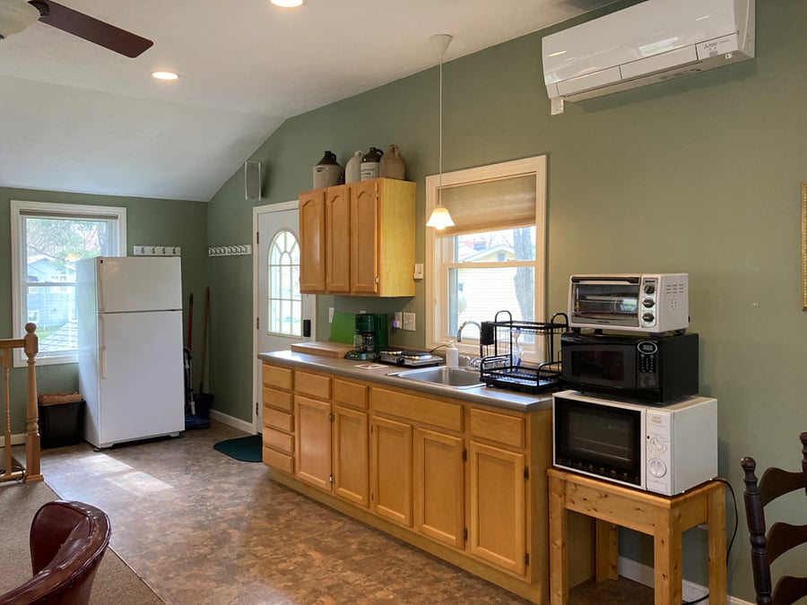 Toaster oven, microwave, convection oven, along with two burner hot plate