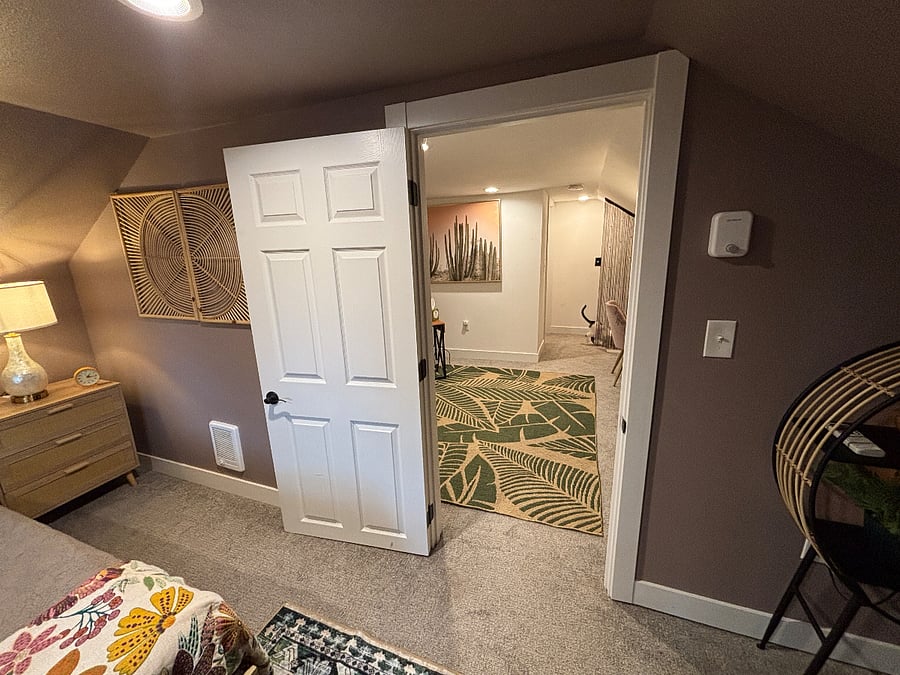 Looking out the bedroom door into your living room 