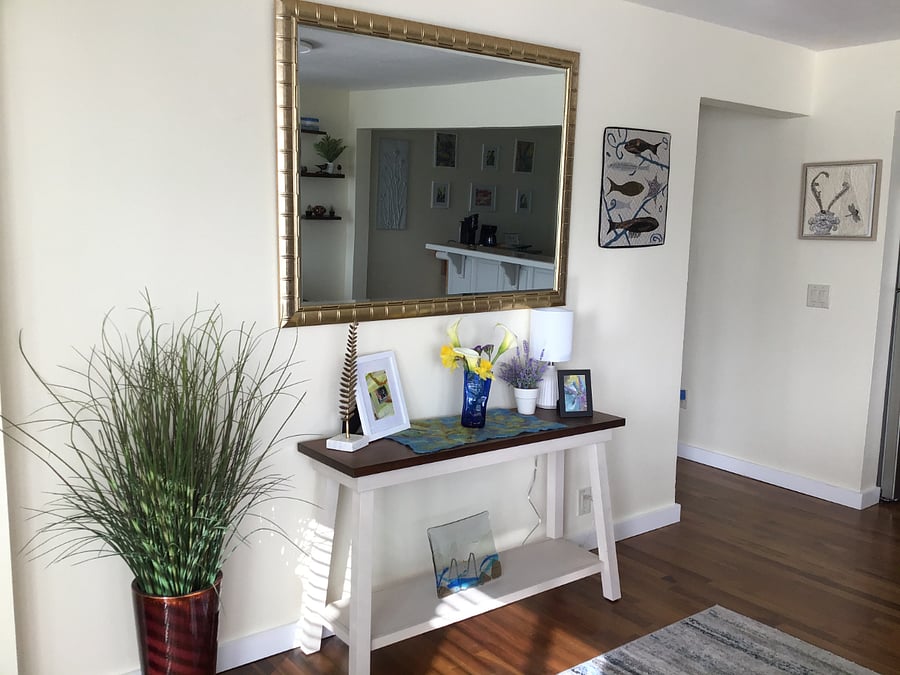 Locally produced art adorns the walls and shelves.