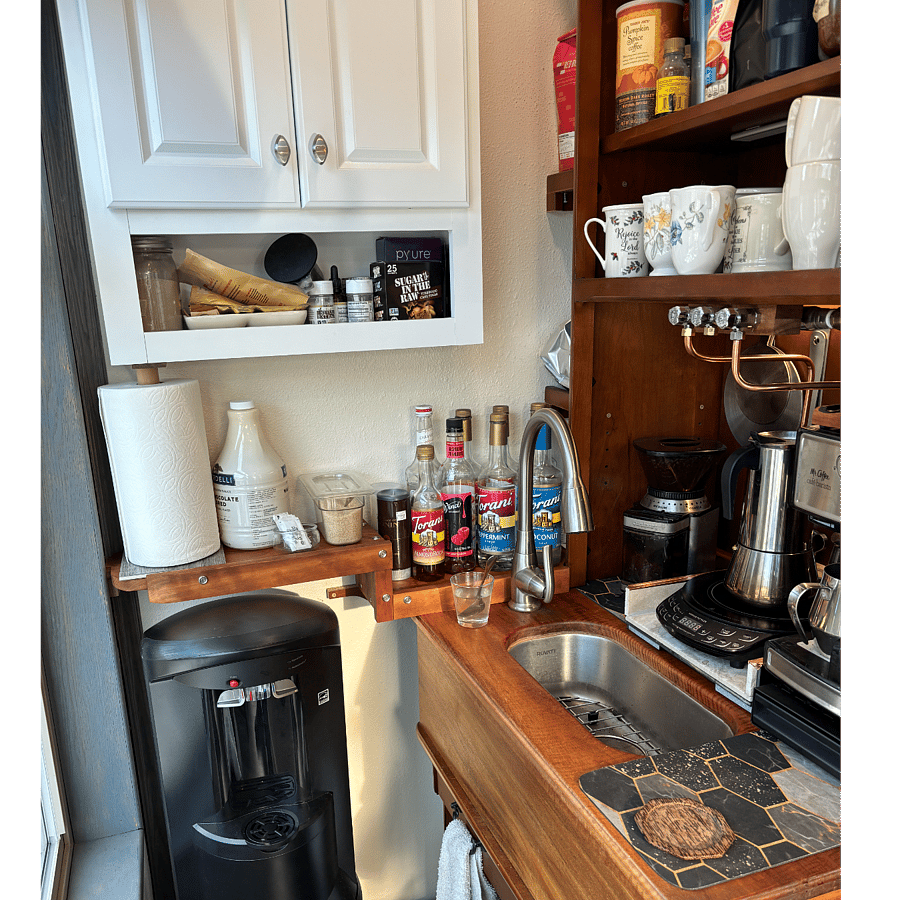 Very functional Coffee bar for latte's mocha pot and a selection of about any tea you can think of.