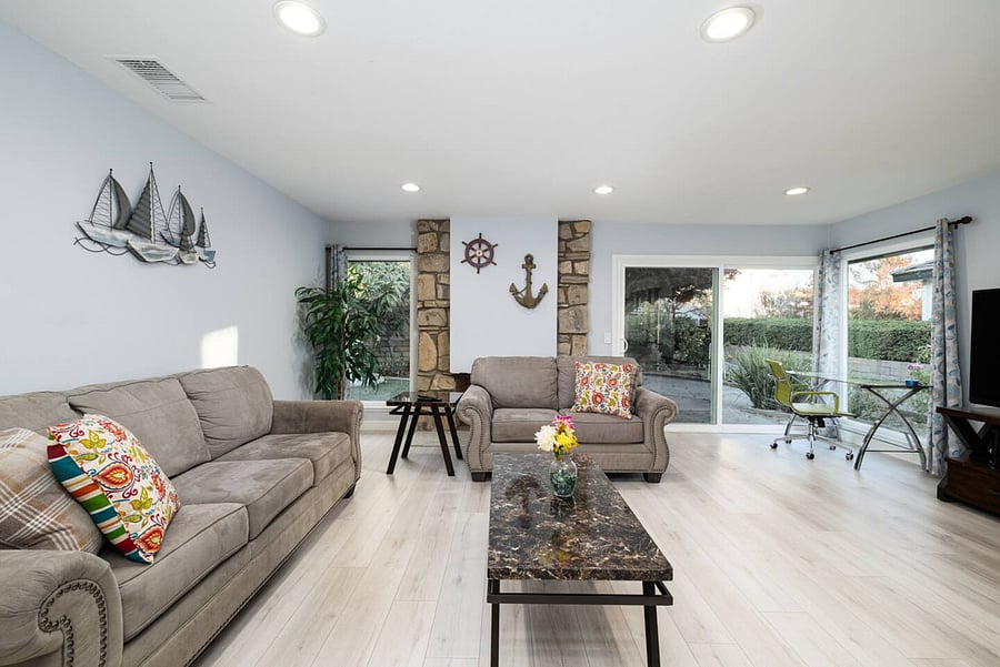 Relax in the comfort of this living room after a day at the beach