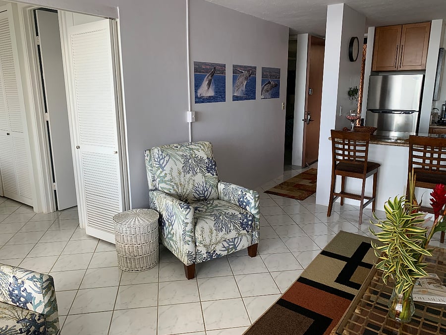 Sitting area & hall towards second bedroom, guest bath & entrance to unit.