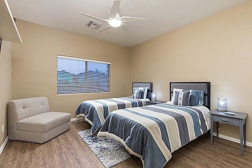 Front bedroom with 2 twin XL beds. Can be combined to make a king size bed (conversion kit available)
